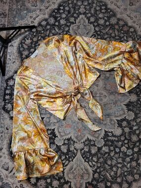 Floral Tie-Front Satin Blouse - Yellow Multi